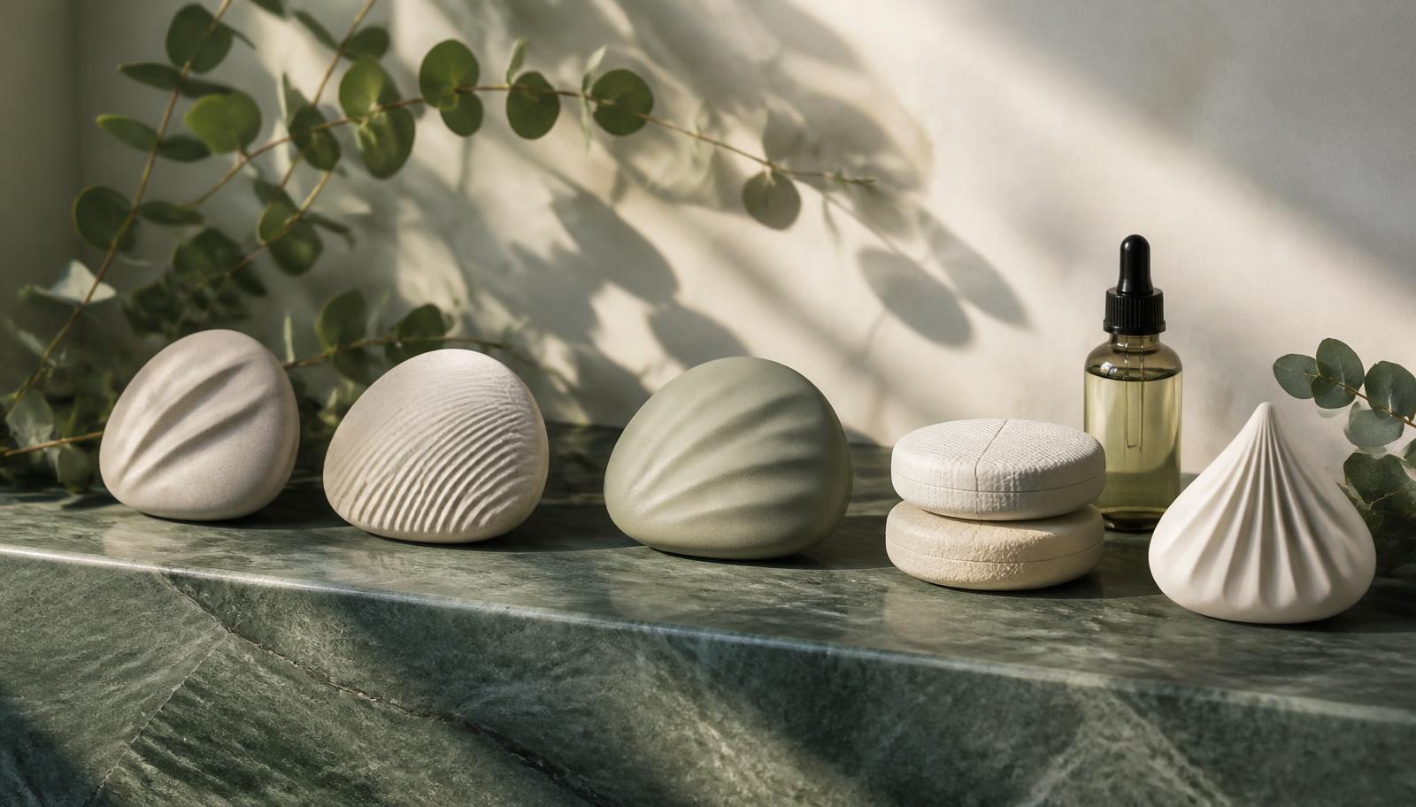 Hand-cast porcelain aroma stones on a green marble ledge with eucalyptus