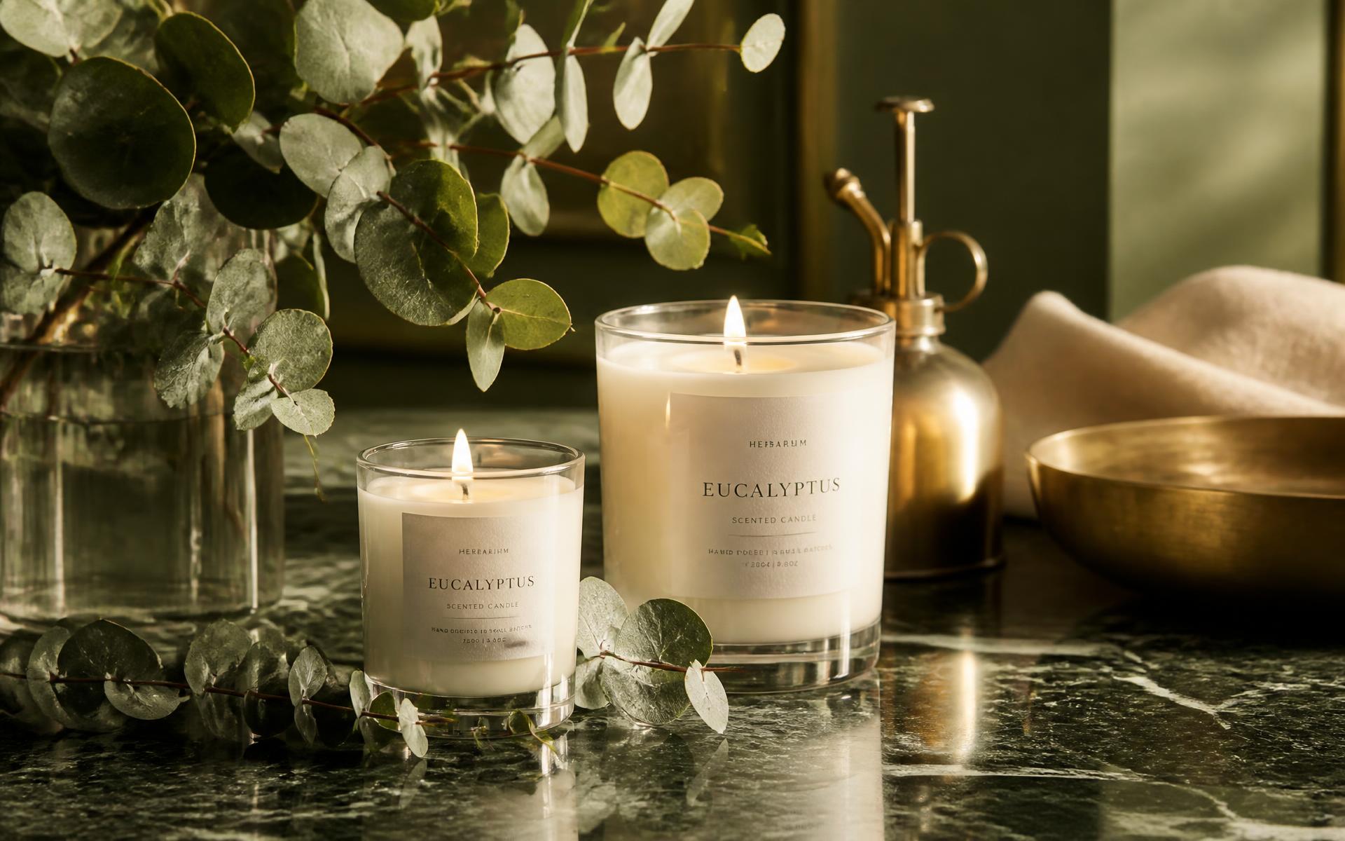 Eucalyptus branches beside hand-poured candles on green marble