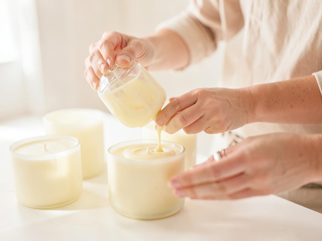Wax being poured by hand into candle vessels