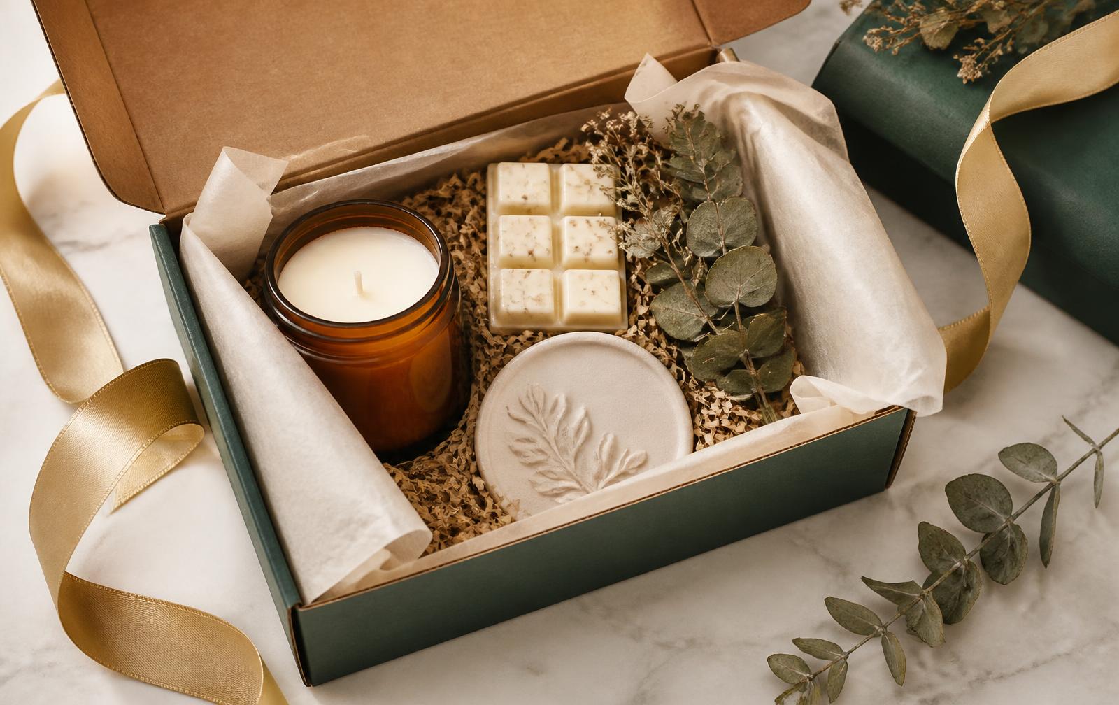 A Steady Sox & Co. monthly subscription box with candle, wax melts and scent card